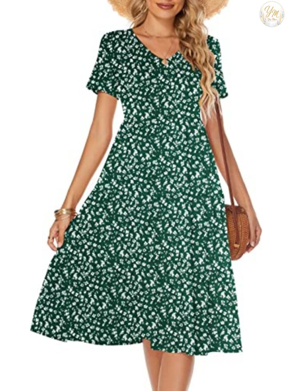 Women's Tiered Midi Dress V Neck Short Sleeve Jersey Cotton Blend Sundress
